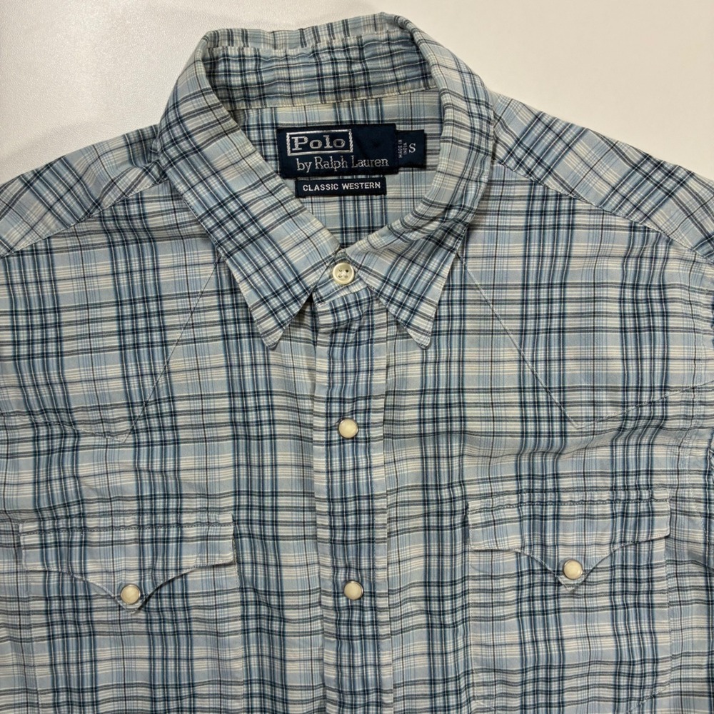 Vintage Polo Ralph Lauren Western Pearl Snap Shirt Small Blue Plaid Short Sleeve